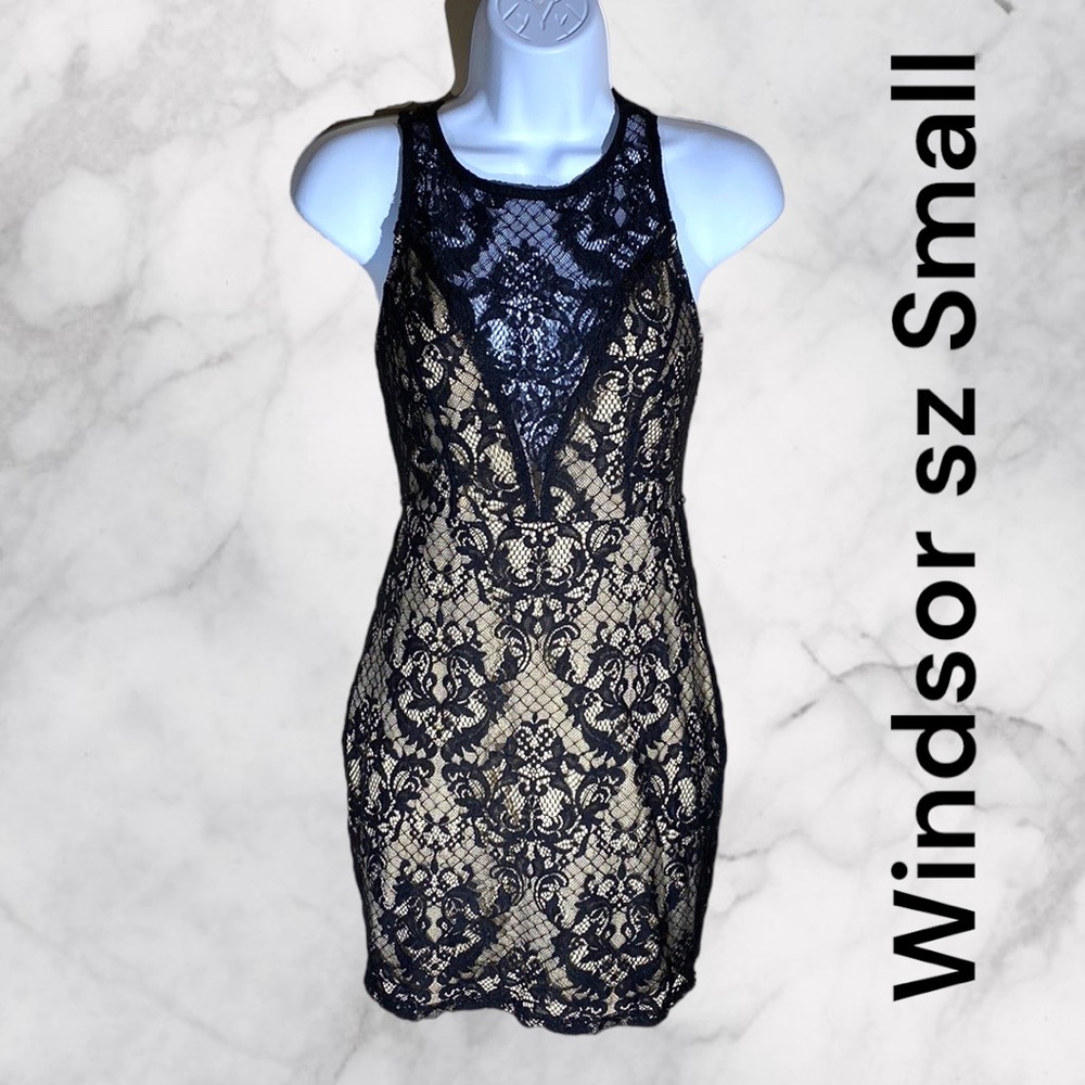 Windsor mini dress women’s small, strappy, sheer black lace, nude lining bodycon
